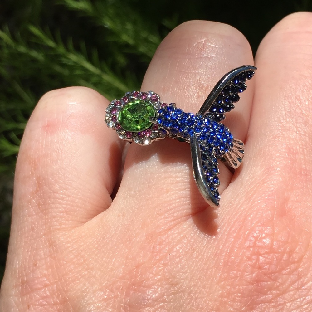 Hummingbird ring Swarovski crystals flower - Picture 4 of 8